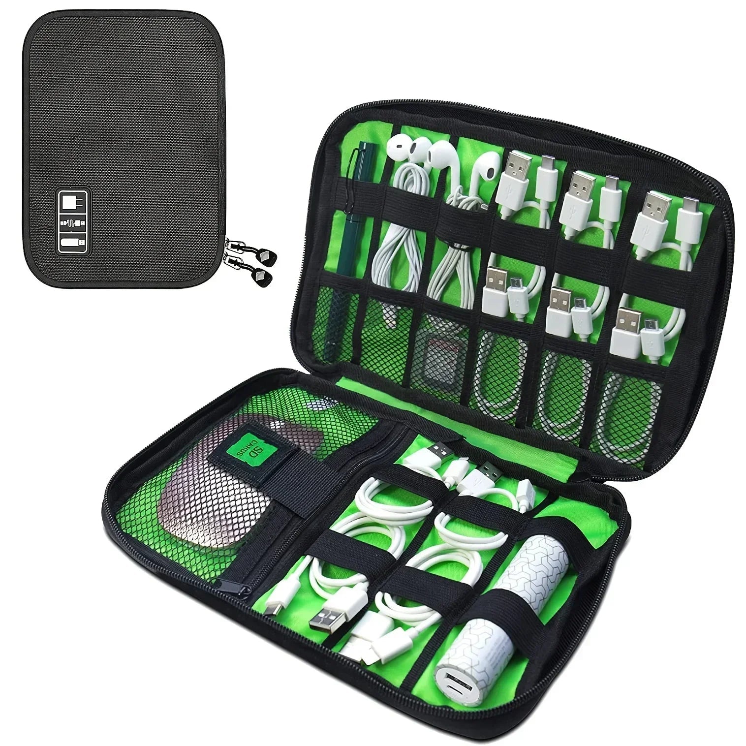 1pc Black Green Storage Bag Electronic Accessory Organizer Portable Usb Data Cable Charger Plug Travel Waterproof Organizer - Reinvent Yourself