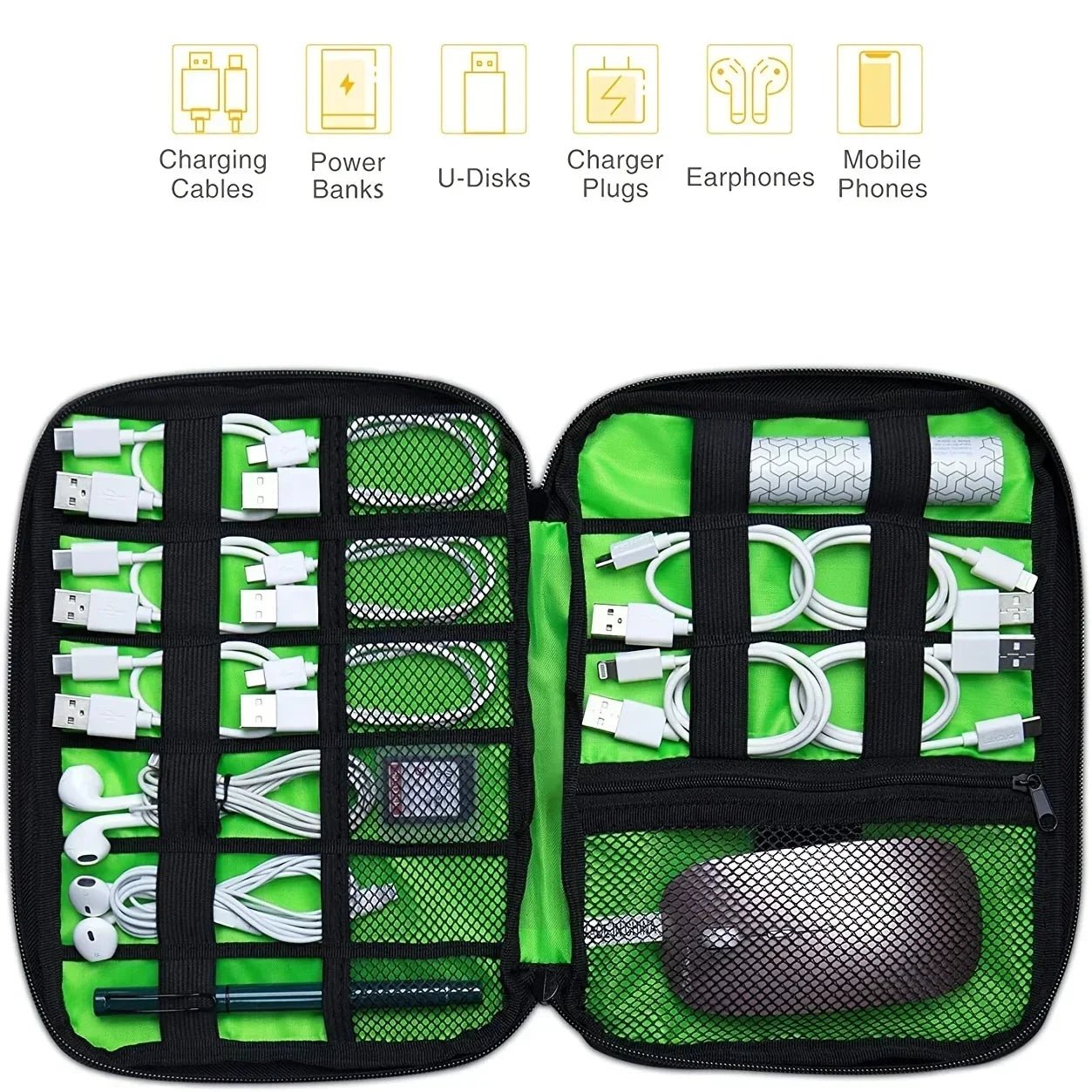 1pc Black Green Storage Bag Electronic Accessory Organizer Portable Usb Data Cable Charger Plug Travel Waterproof Organizer - Reinvent Yourself