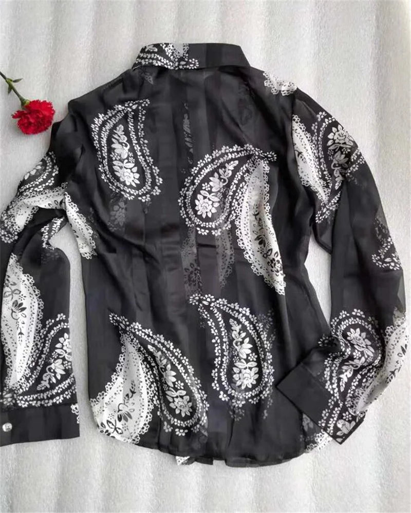 Women'S Blouse Tops Summer Lace Chiffon Shirts lapel Stitching Printing Buttons Female Blusas Offce Lady Shirts chemises fleurs by Reinvent Yourself