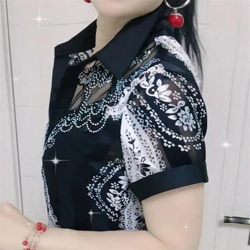 Women'S Blouse Tops Summer Lace Chiffon Shirts lapel Stitching Printing Buttons Female Blusas Offce Lady Shirts chemises fleurs by Reinvent Yourself