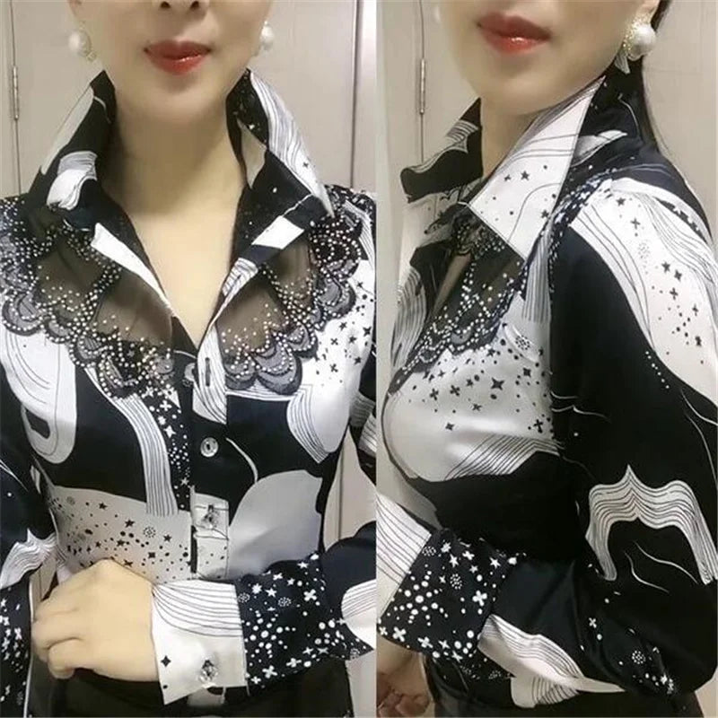 Women'S Blouse Tops Summer Lace Chiffon Shirts lapel Stitching Printing Buttons Female Blusas Offce Lady Shirts chemises fleurs by Reinvent Yourself