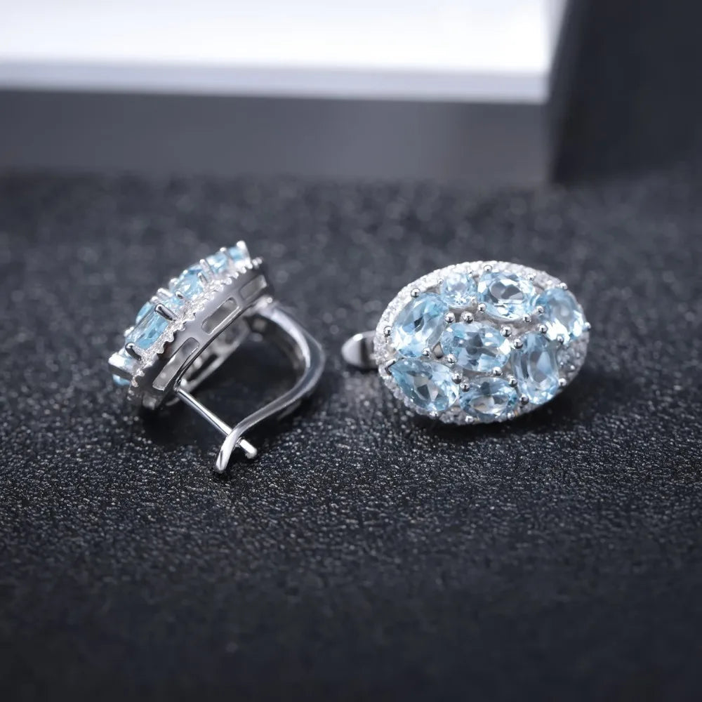 GEM'S BALLET Natural Sky Blue Topaz Pure 925 Sterling Silver Oval Clip Earrings Women Gift Vintage Luxury Fine Costume Jewelry by Reinvent Yourself