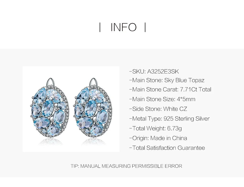 GEM'S BALLET Natural Sky Blue Topaz Pure 925 Sterling Silver Oval Clip Earrings Women Gift Vintage Luxury Fine Costume Jewelry by Reinvent Yourself