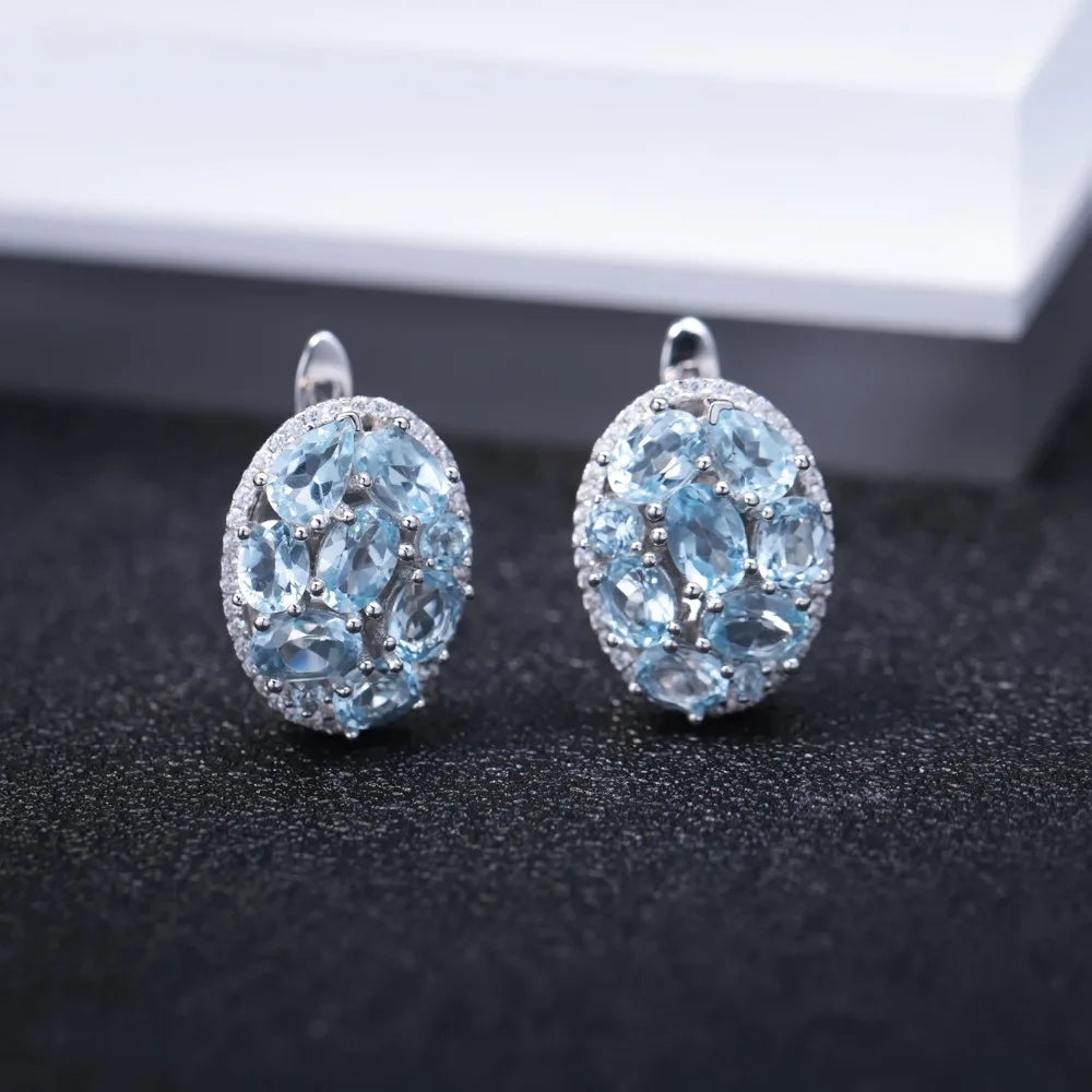 GEM'S BALLET Natural Sky Blue Topaz Pure 925 Sterling Silver Oval Clip Earrings Women Gift Vintage Luxury Fine Costume Jewelry by Reinvent Yourself