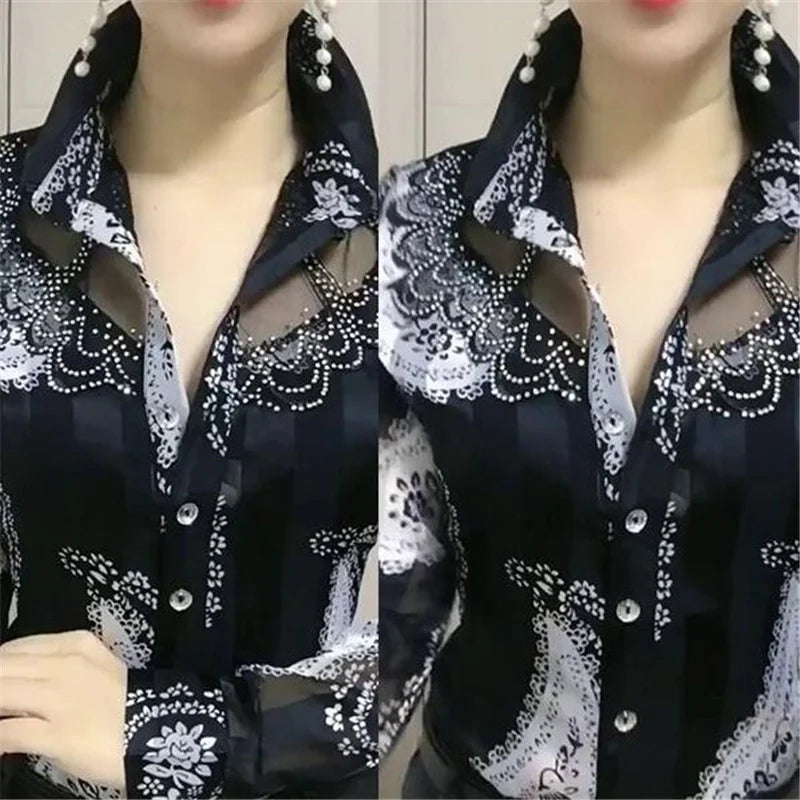 Women'S Blouse Tops Summer Lace Chiffon Shirts lapel Stitching Printing Buttons Female Blusas Offce Lady Shirts chemises fleurs by Reinvent Yourself