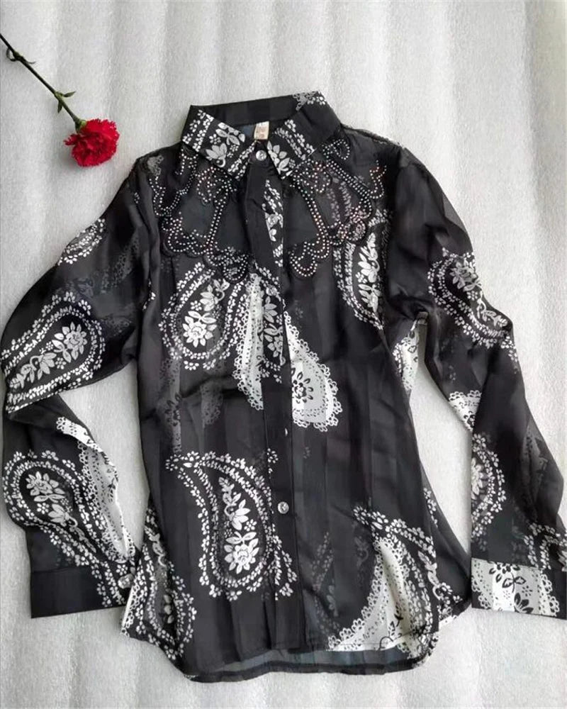 Women'S Blouse Tops Summer Lace Chiffon Shirts lapel Stitching Printing Buttons Female Blusas Offce Lady Shirts chemises fleurs by Reinvent Yourself