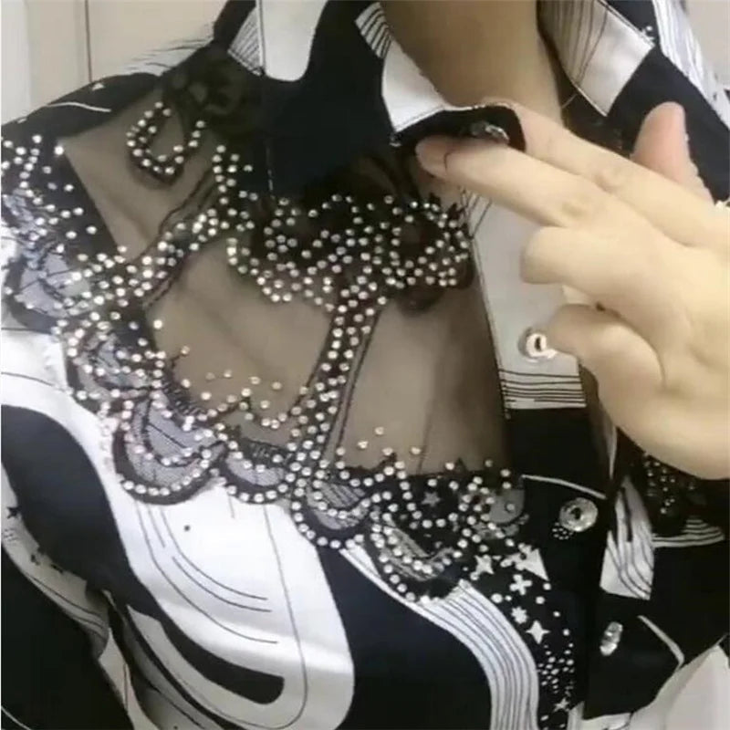 Women'S Blouse Tops Summer Lace Chiffon Shirts lapel Stitching Printing Buttons Female Blusas Offce Lady Shirts chemises fleurs by Reinvent Yourself