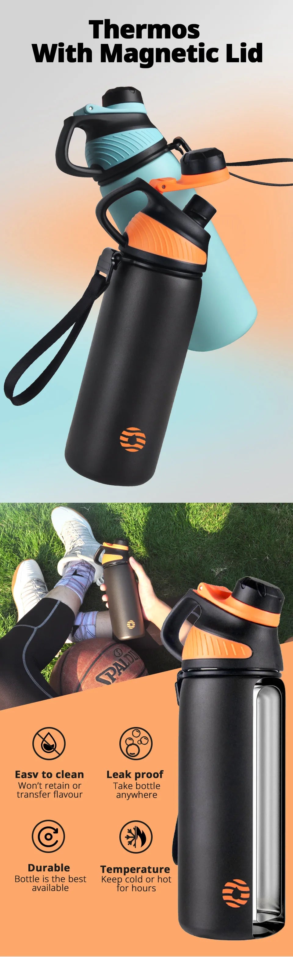 Fjbottle Thermo bottle With Magnetic Lid Outdoor Sport Stainless Steel Water Bottle Keep Cold Insulated Vacuum Flask 1000ml by Reinvent Yourself