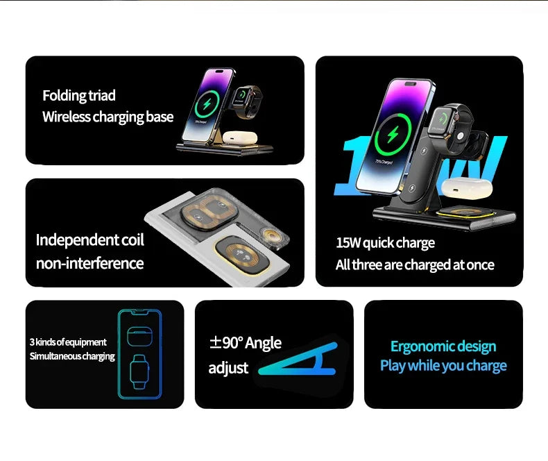 3 in 1 LED Foldable Wireless Charger Stand For Samsung S24 S23 S22 Watch 6 5 4 Active 1 2 Galaxy Buds Pro Fast Charging Station by Reinvent Yourself