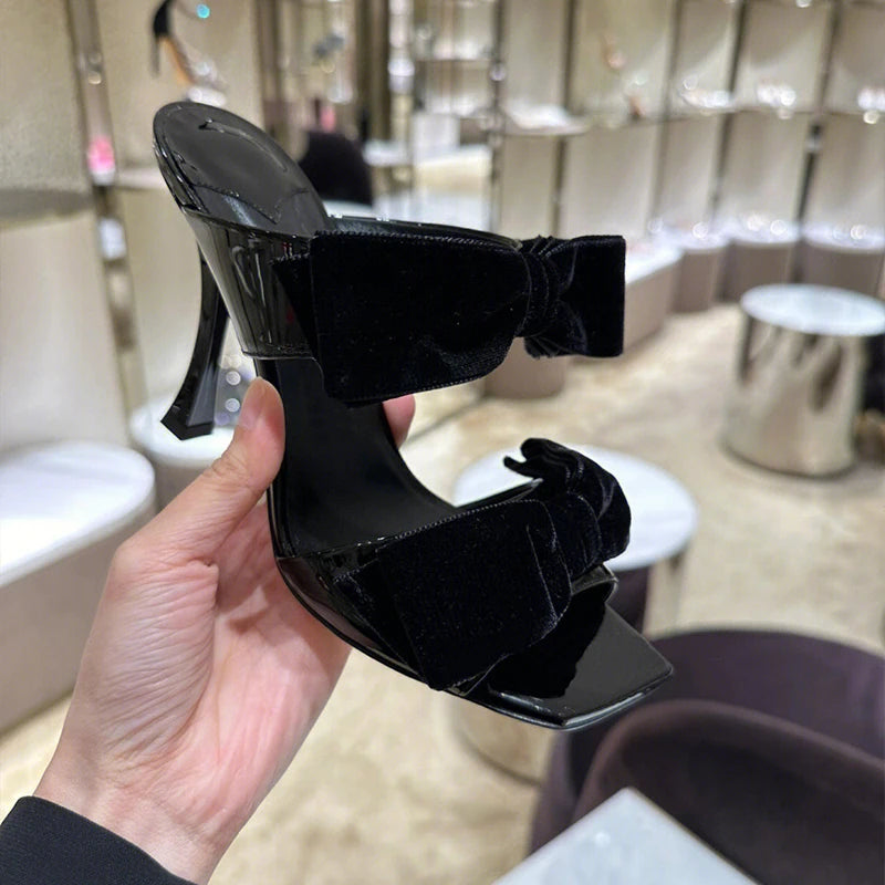 Bow Sugar Pink Pile Sandals 2024 New Lady Sandals Square Toe Open Toe Stiletto Black Heels by Reinvent Yourself