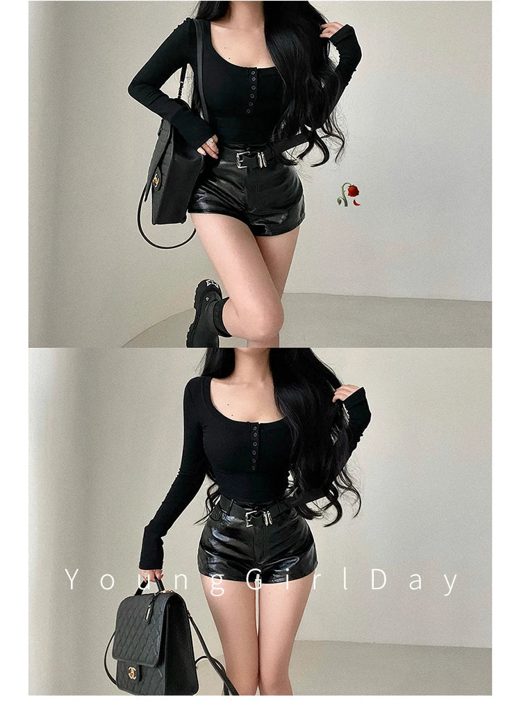 WOMENGAGA American Spicy Girl Shorts Sexy High Waist Tight Slim PU Leather Shorts Hot With Belt Trendy Fashion Spice Girls Y7EK by Reinvent Yourself