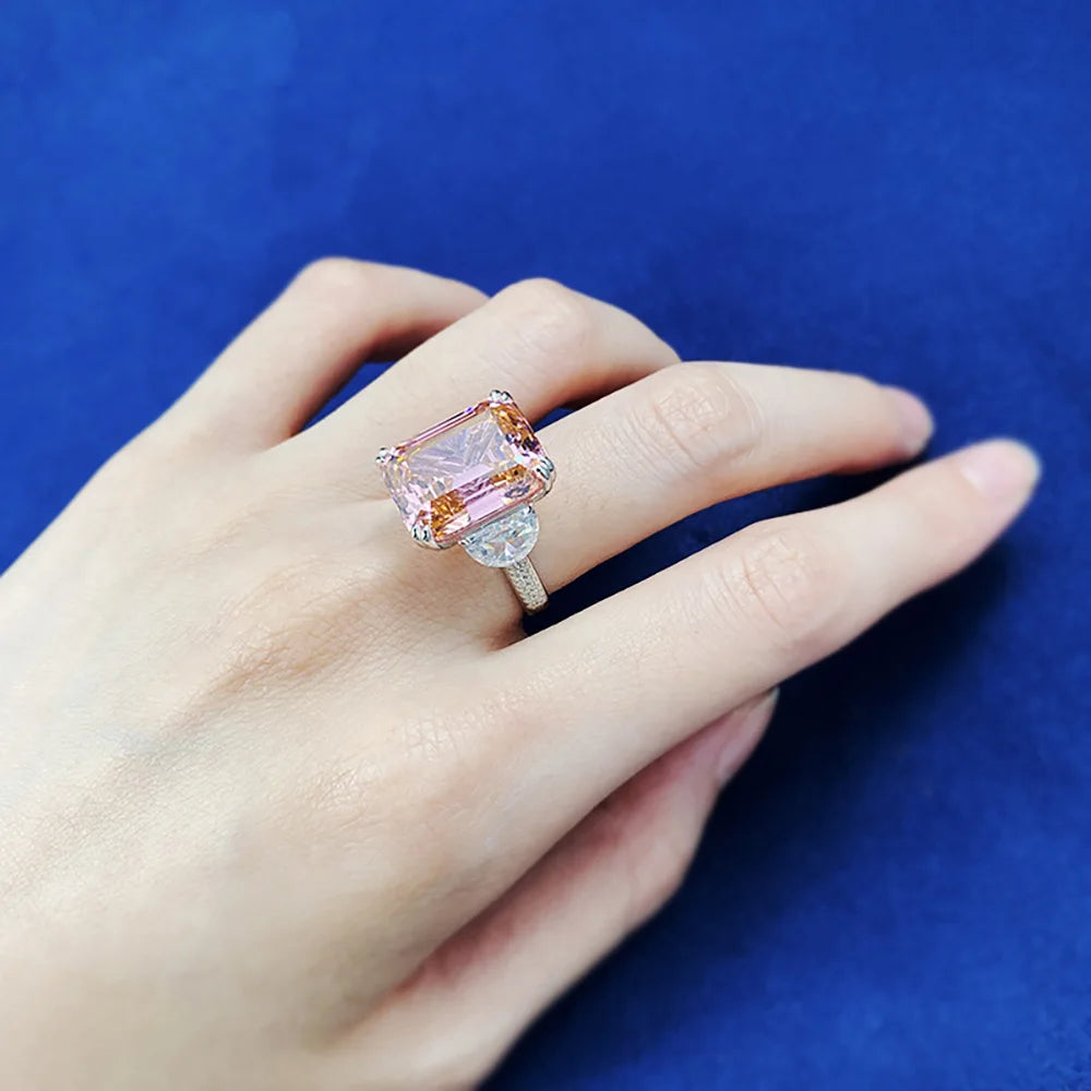 Luxury 13*16mm 15ct Emerald Cut Pink Orange Tourmaline High Carbon Diamond Rings for Women S925 Silver Rings Party Fine Jewelry by Reinvent Yourself