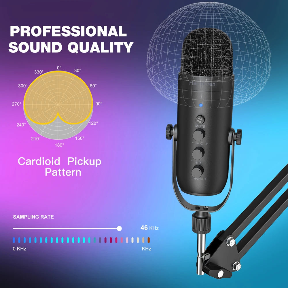 Haomuren Professional USB Streaming Podcast PC Microphone Studio Cardioid Condenser Mic Kit with Boom Arm For Recording YouTube by Reinvent Yourself