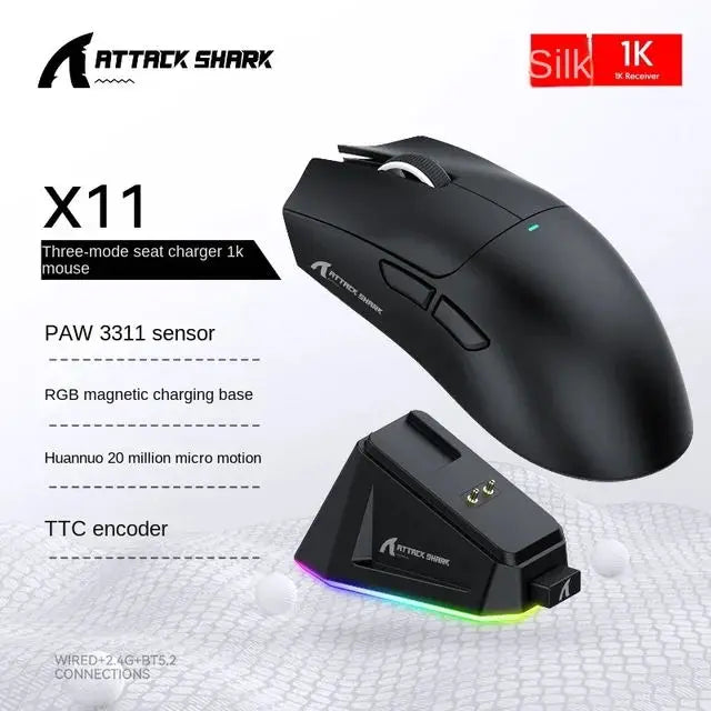 Attack Shark X11 Wireless Bluetooth Mouse RGB Triple Mode Magnetic Charging Dock PAW3311 Ultra Light Pitch Gaming Mouse by Reinvent Yourself