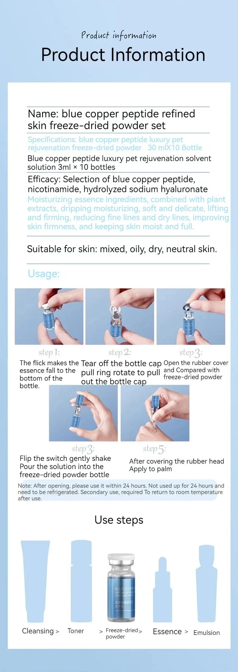 Blue Copper Peptide Freeze-Dried Powder Set Oligopeptide Anti Wrinkle Essence Shrink Pores Acne Treatment Skincare Serum 20pcs by Reinvent Yourself