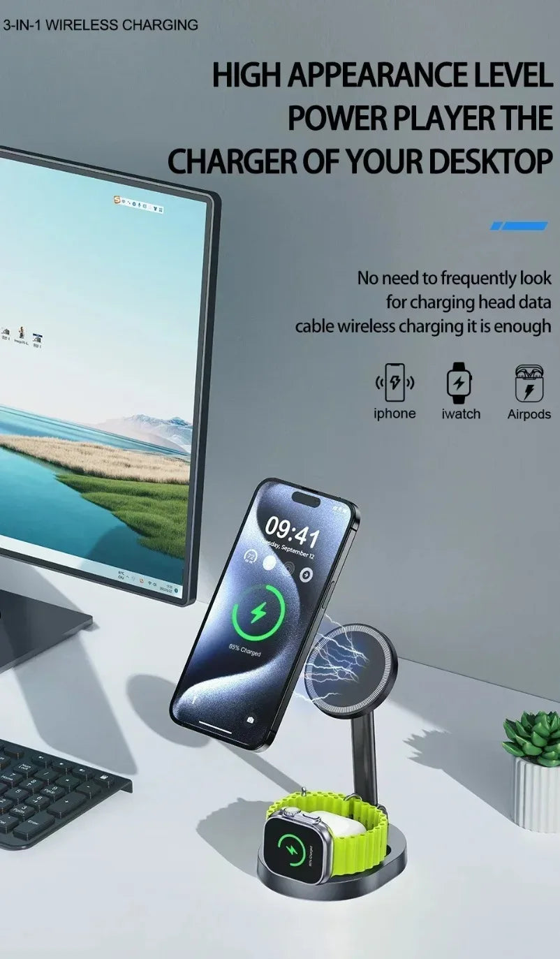 3 in 1 Foldable Fast Charging Station Ice Cooling Magnetic Wireless Charger Stand For Phone 16 15 14 13 12 IWatch 9 8 7 AirPods by Reinvent Yourself