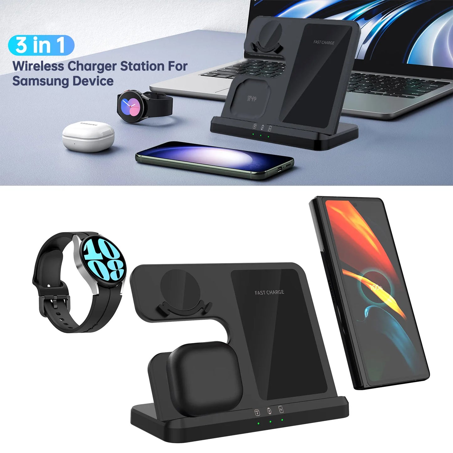 Wireless Charger 3 In 1 Stand Dock For Samsung Galaxy S24 S23 S22 Buds 2/3 Pro Galaxy watch 7 6 Induction Fast Charging Station by Reinvent Yourself