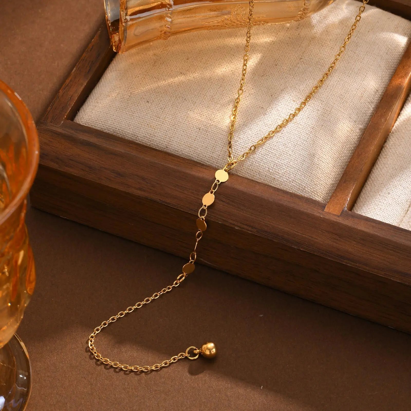 Lariat Necklace, Tiny Ball Pendant Y Drop Long Necklace For Women, Stainless Steel Gold Plated Jewelry Party Gifts by Reinvent Yourself