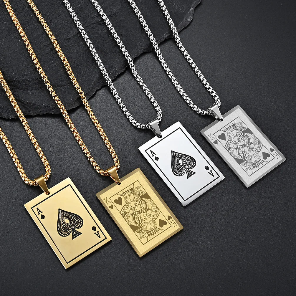 JHSL Men Statement Poker Ace King Necklace Pendant Golden Silver Color Stainless Steel Fashion Jewelry Gift Wholesale Dropship by Reinvent Yourself
