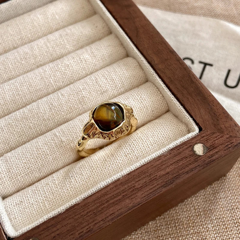 Vintage Brown Tiger Eye Stone Women's Ring Irregular Round Open Ring Design Sense High End Jewelry Gifts by Reinvent Yourself