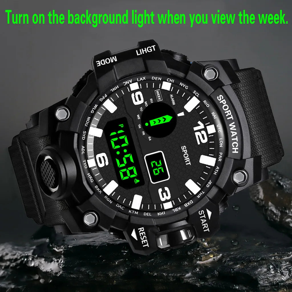 Fashion Men's Watch Sports Electronic Wristwatch Large dial Multifunctional Waterproof Luminous Alarm Kids Male's Military Watch by Reinvent Yourself