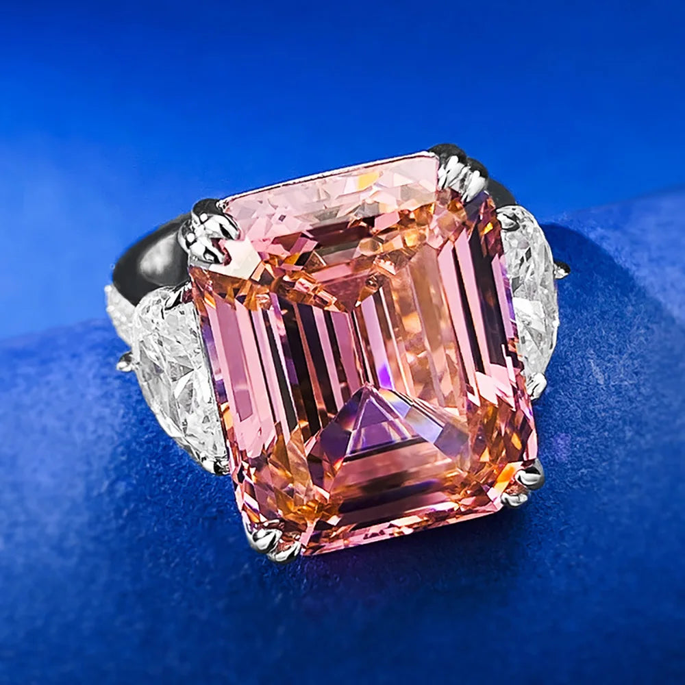 Luxury 13*16mm 15ct Emerald Cut Pink Orange Tourmaline High Carbon Diamond Rings for Women S925 Silver Rings Party Fine Jewelry by Reinvent Yourself