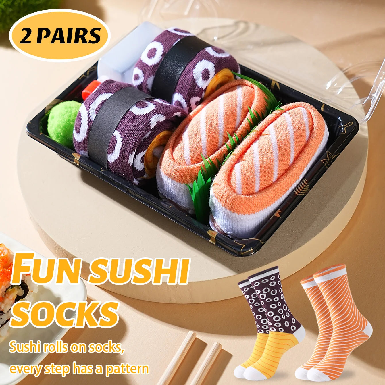 2 Pairs of Mid-Calf Men's Socks, Suitable for Both Men and Women, Novel and Fun, Colorful Salmon Sushi Gift Box Socks, European and American Fashion Trend Style, Comfortable and Breathable, Party Casual Novelty Gifts, Valenti
