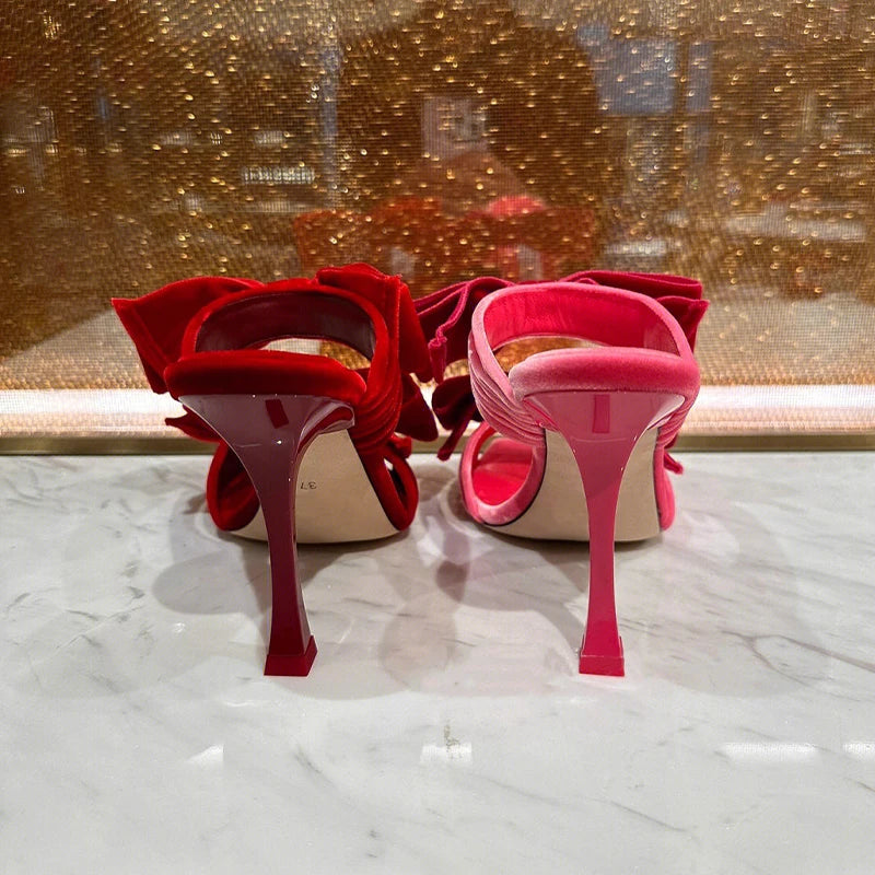 Bow Sugar Pink Pile Sandals 2024 New Lady Sandals Square Toe Open Toe Stiletto Black Heels by Reinvent Yourself
