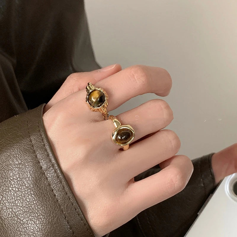 Vintage Brown Tiger Eye Stone Women's Ring Irregular Round Open Ring Design Sense High End Jewelry Gifts by Reinvent Yourself