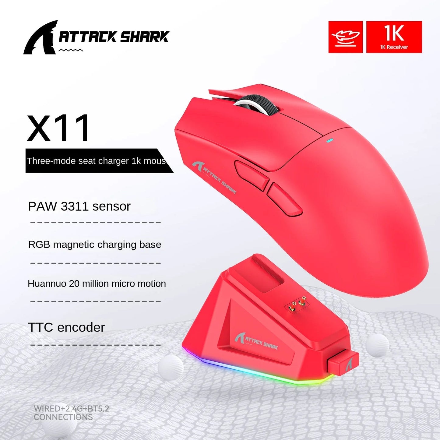 Attack Shark X11 Wireless Bluetooth Mouse RGB Triple Mode Magnetic Charging Dock PAW3311 Ultra Light Pitch Gaming Mouse by Reinvent Yourself