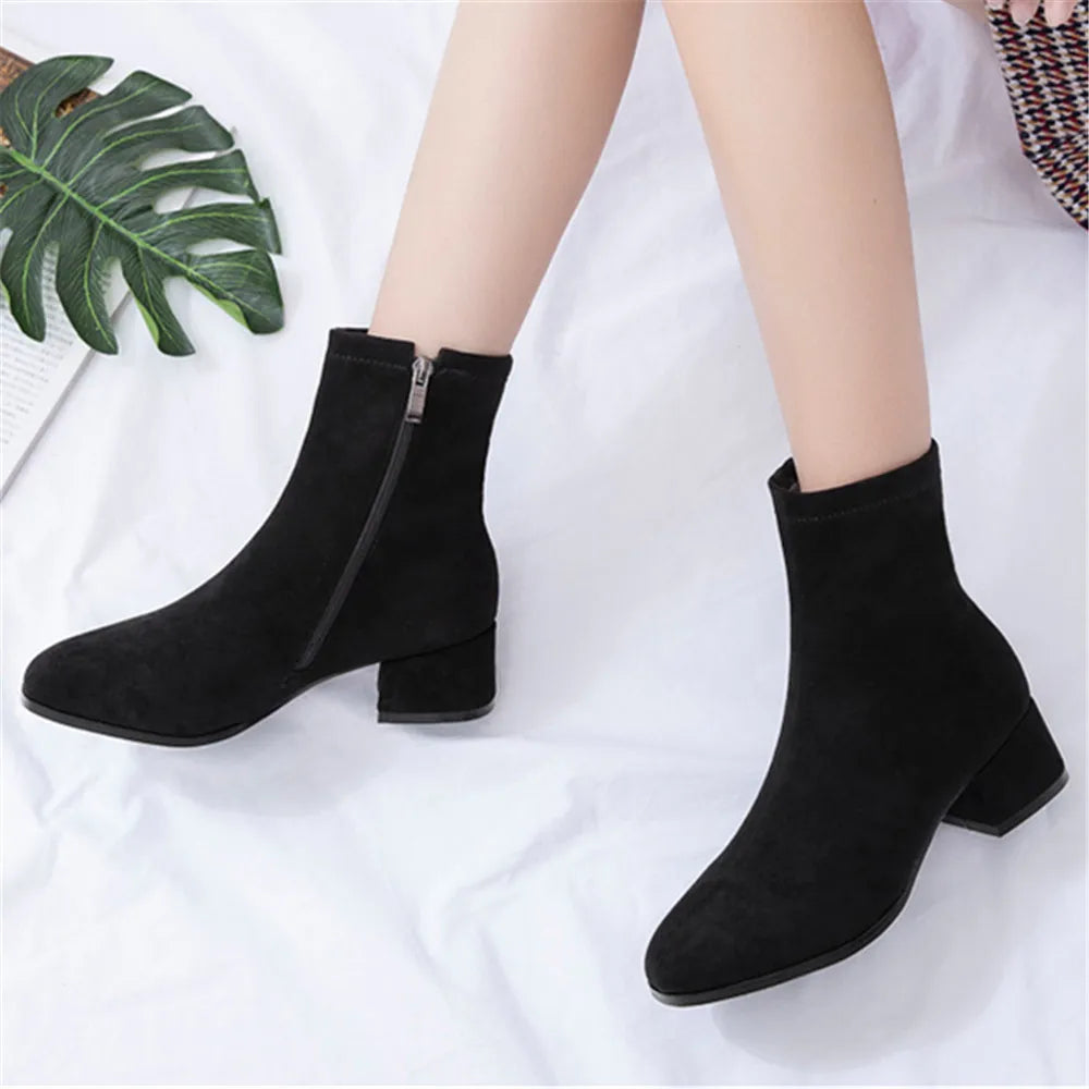 Woman Ankle Boots 2025 Autumn Winter Round Toe Low Heel Flock Black Comfortable Booties Lady Shoes Big Size 31 32 33 40 41 42 43 by Reinvent Yourself