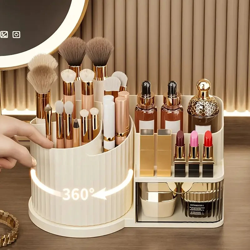 360° Rotating Makeup Organizer with Brush Holder & Drawer Desktop Large Capacity Skincare Cosmetic Tools Lipstick Display Cases by Reinvent Yourself