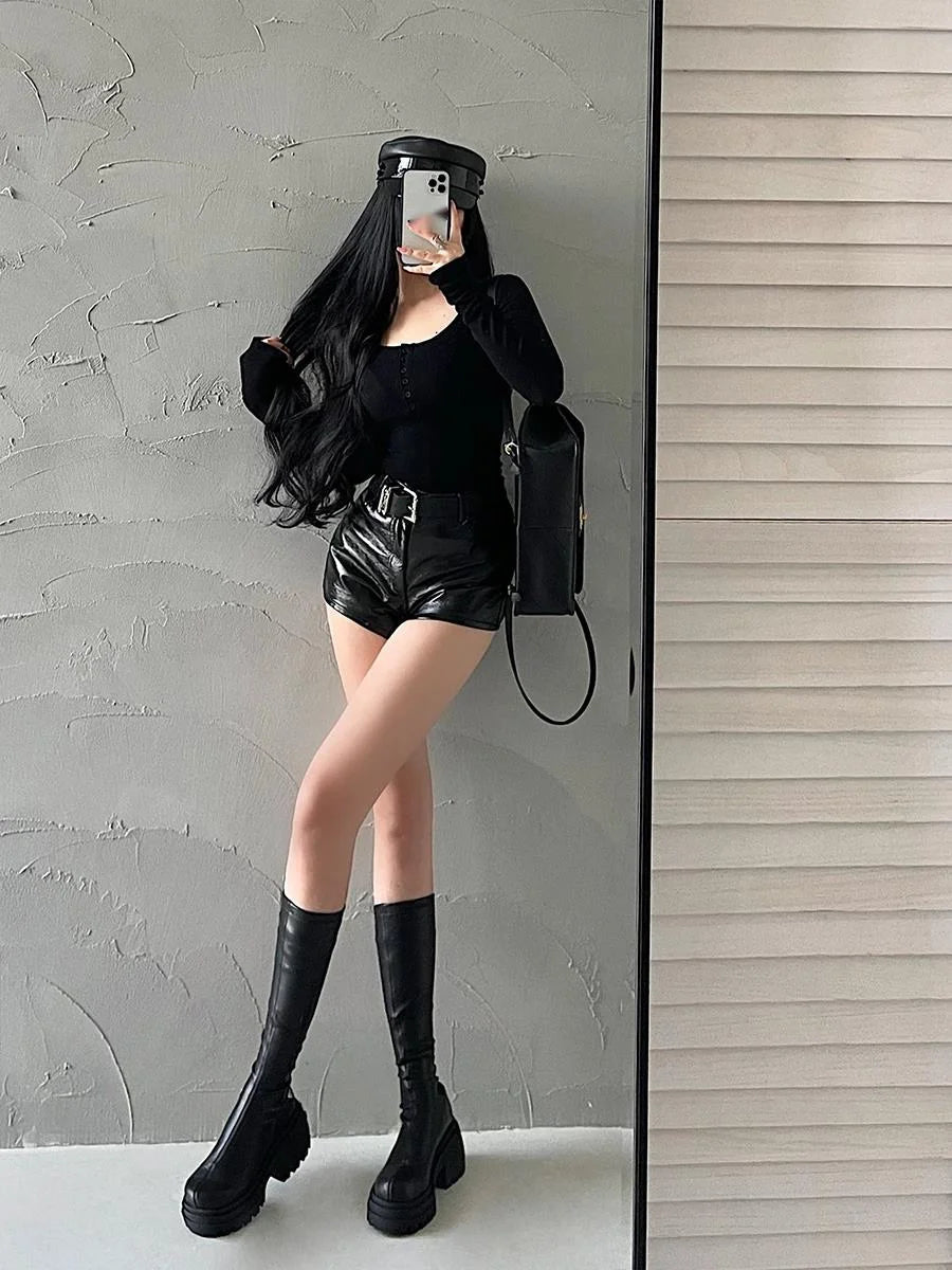 WOMENGAGA American Spicy Girl Shorts Sexy High Waist Tight Slim PU Leather Shorts Hot With Belt Trendy Fashion Spice Girls Y7EK by Reinvent Yourself