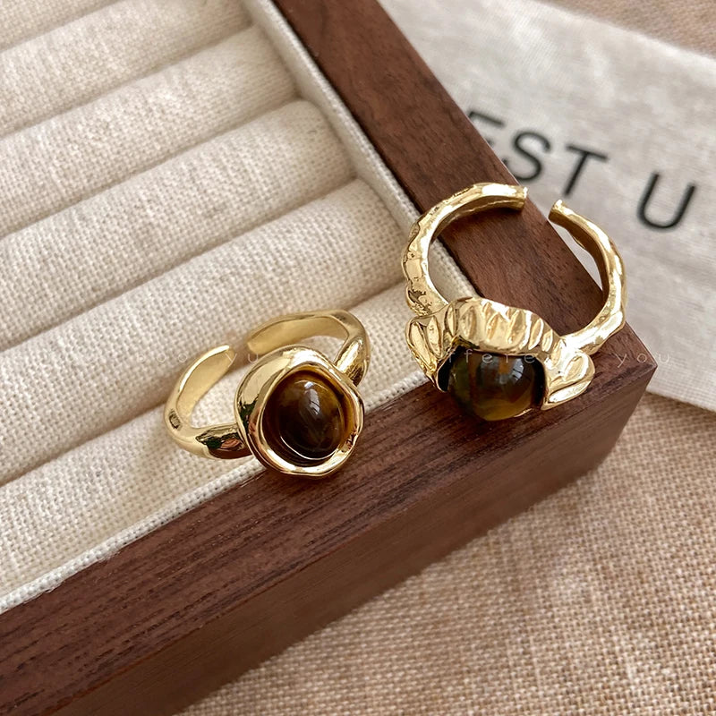 Vintage Brown Tiger Eye Stone Women's Ring Irregular Round Open Ring Design Sense High End Jewelry Gifts by Reinvent Yourself