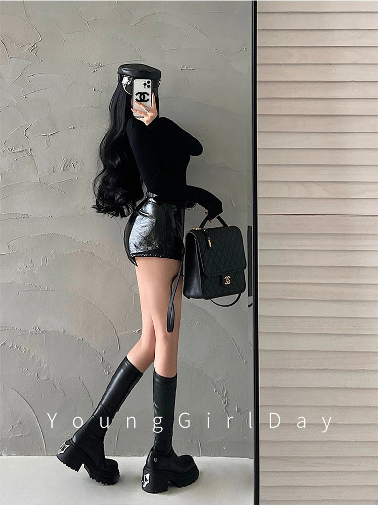 WOMENGAGA American Spicy Girl Shorts Sexy High Waist Tight Slim PU Leather Shorts Hot With Belt Trendy Fashion Spice Girls Y7EK by Reinvent Yourself