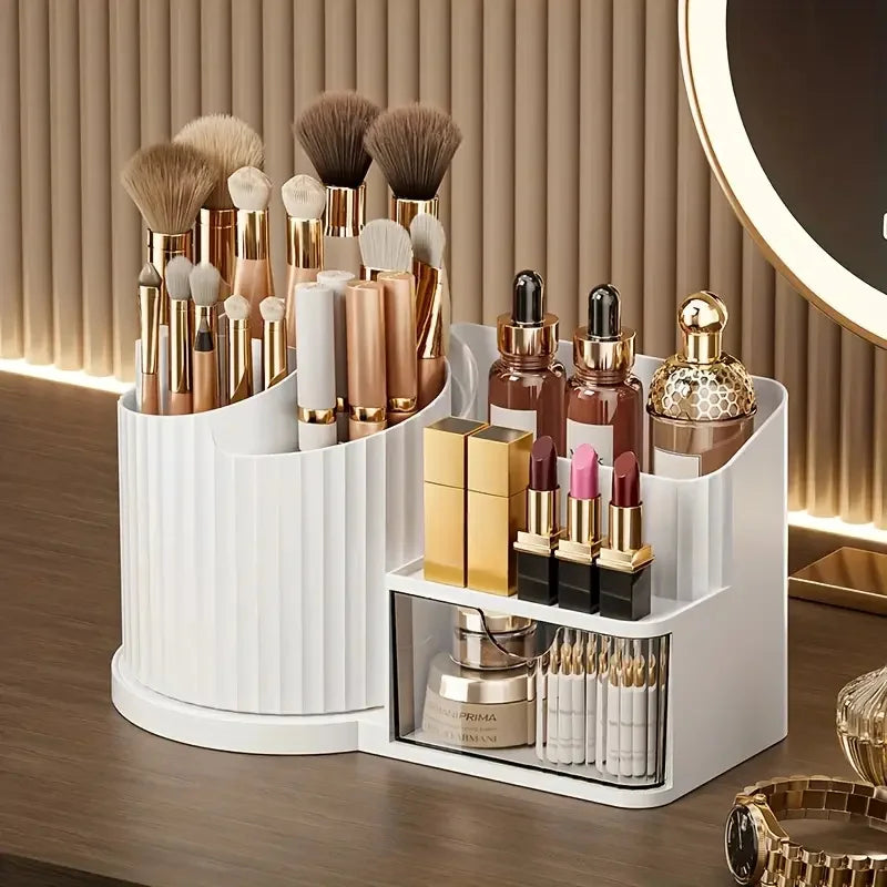 360° Rotating Makeup Organizer with Brush Holder & Drawer Desktop Large Capacity Skincare Cosmetic Tools Lipstick Display Cases by Reinvent Yourself