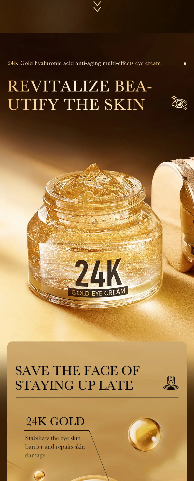 24k Gold Hyaluronic Acid Eye Cream Anti Dark Circles Eye Bags Firming Moisturizing Eyes Skin Care Prodcuts by Reinvent Yourself