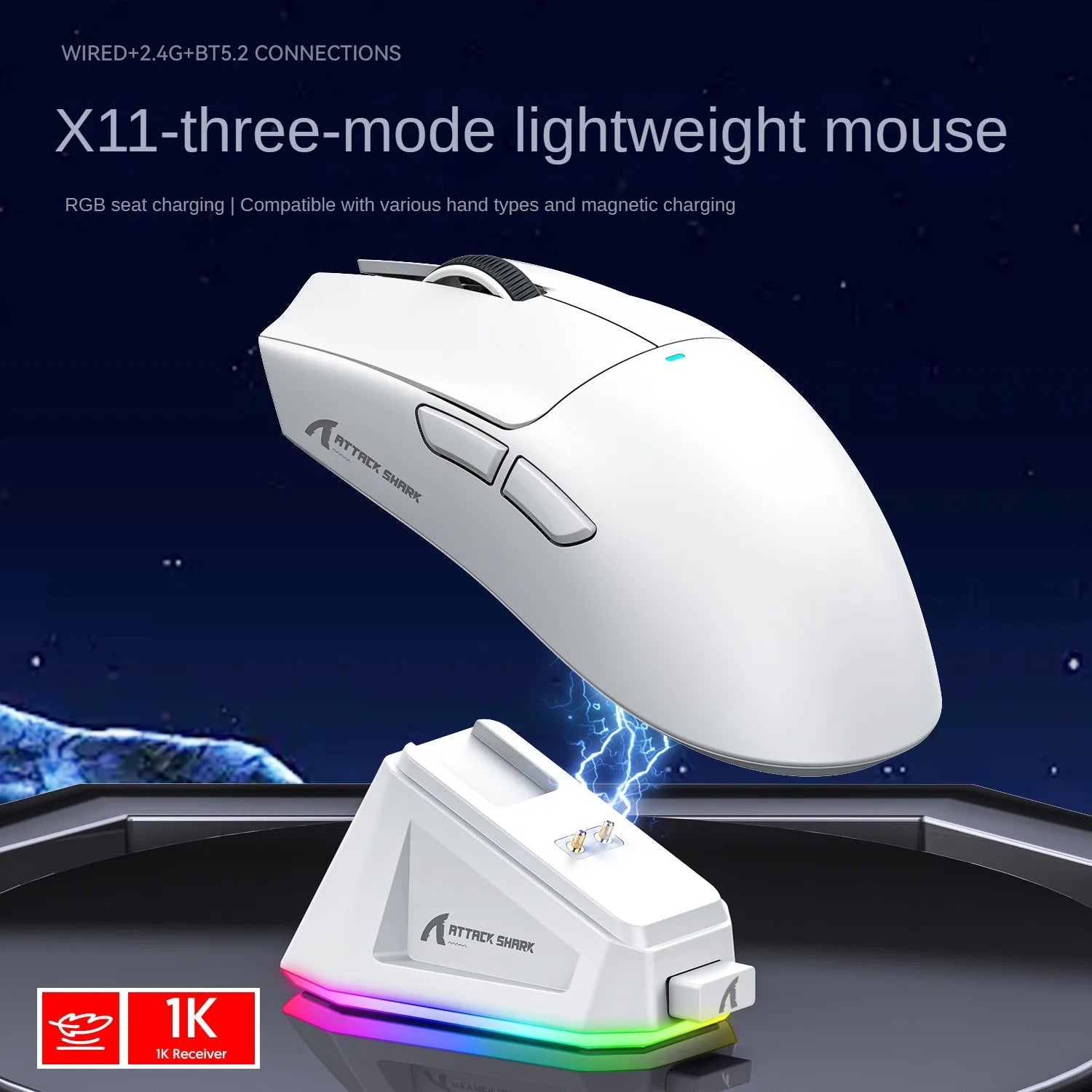Attack Shark X11 Wireless Bluetooth Mouse RGB Triple Mode Magnetic Charging Dock PAW3311 Ultra Light Pitch Gaming Mouse by Reinvent Yourself
