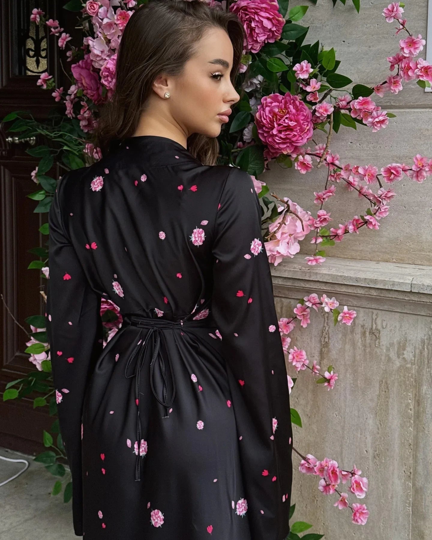 2025 Autumn Elegant Printed Satin Long Dress Women Slim Lace Up V-neck Full Sleeve Pleat Dresses Lady Party Evening Robes New by Reinvent Yourself