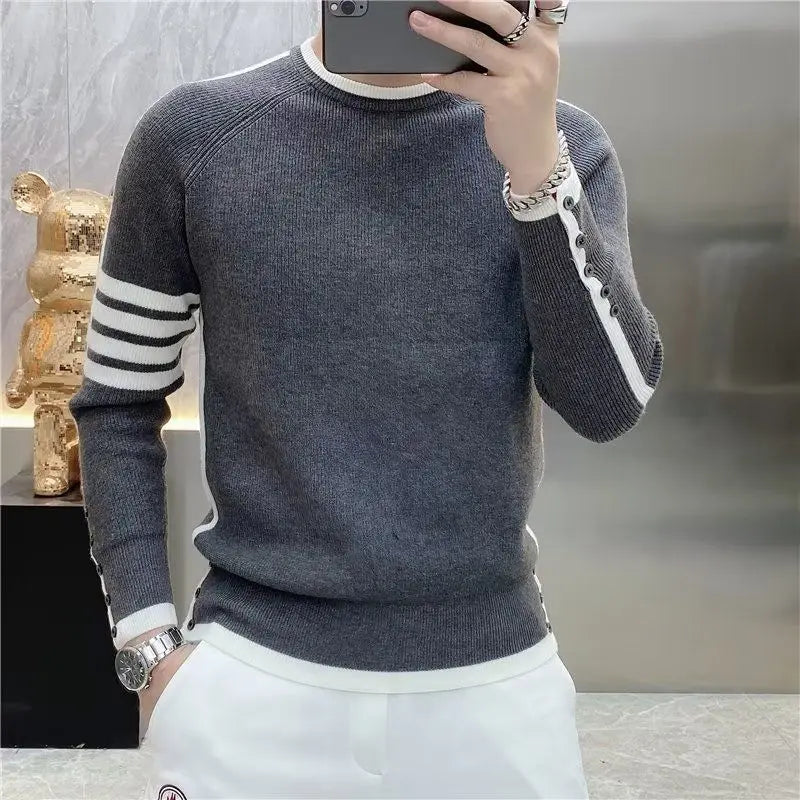 Four-bar Splicing Striped Black Knitted Sweater Men's Slim Base Shirt Ins Trendy by Reinvent Yourself
