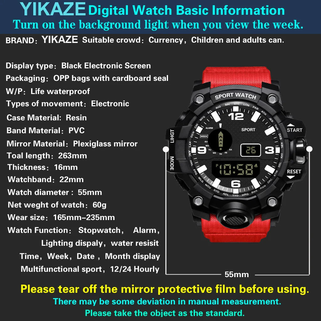 Fashion Men's Watch Sports Electronic Wristwatch Large dial Multifunctional Waterproof Luminous Alarm Kids Male's Military Watch by Reinvent Yourself