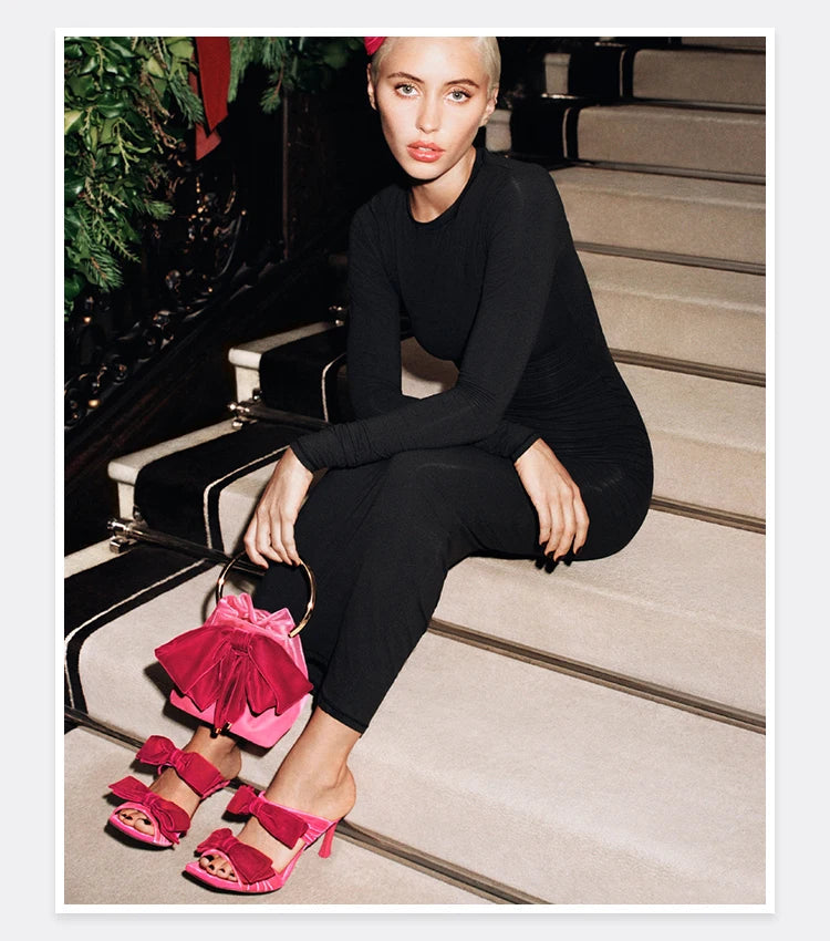 Bow Sugar Pink Pile Sandals 2024 New Lady Sandals Square Toe Open Toe Stiletto Black Heels by Reinvent Yourself