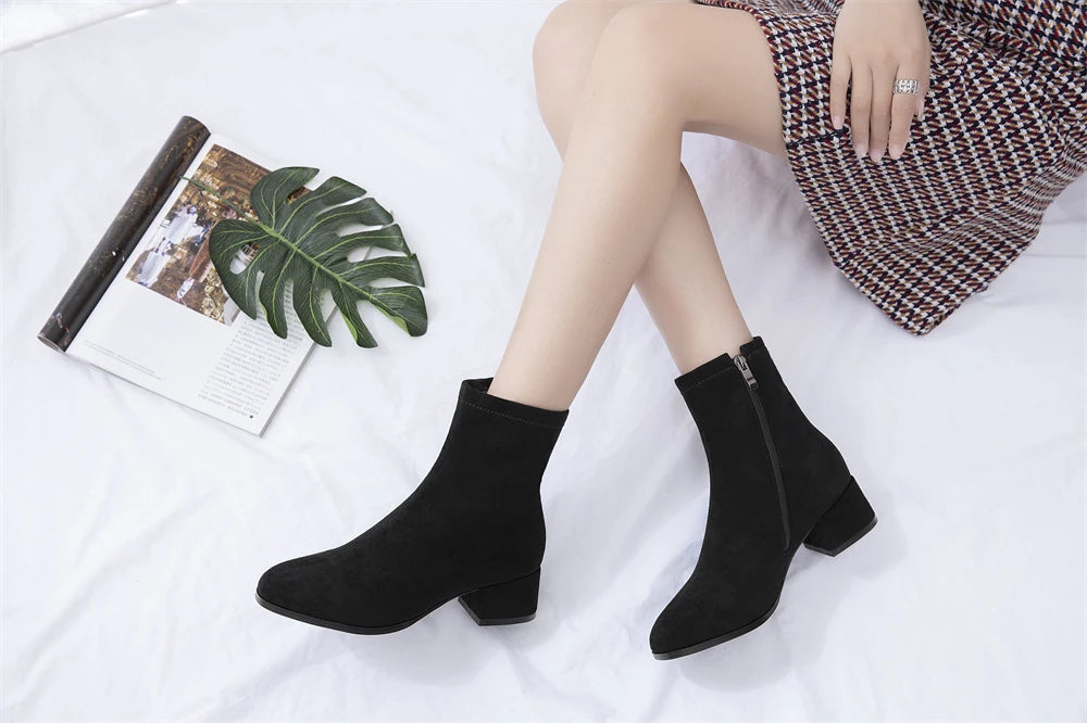 Woman Ankle Boots 2025 Autumn Winter Round Toe Low Heel Flock Black Comfortable Booties Lady Shoes Big Size 31 32 33 40 41 42 43 by Reinvent Yourself
