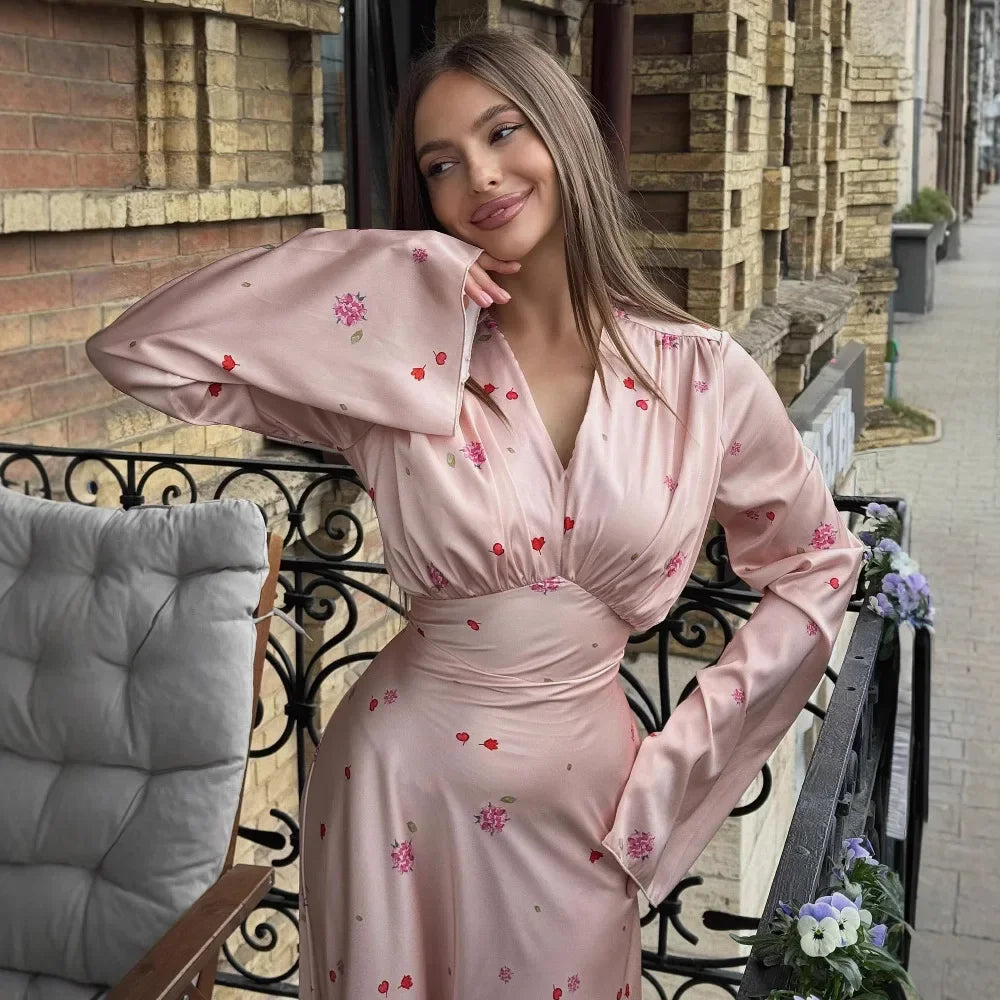 2025 Autumn Elegant Printed Satin Long Dress Women Slim Lace Up V-neck Full Sleeve Pleat Dresses Lady Party Evening Robes New by Reinvent Yourself