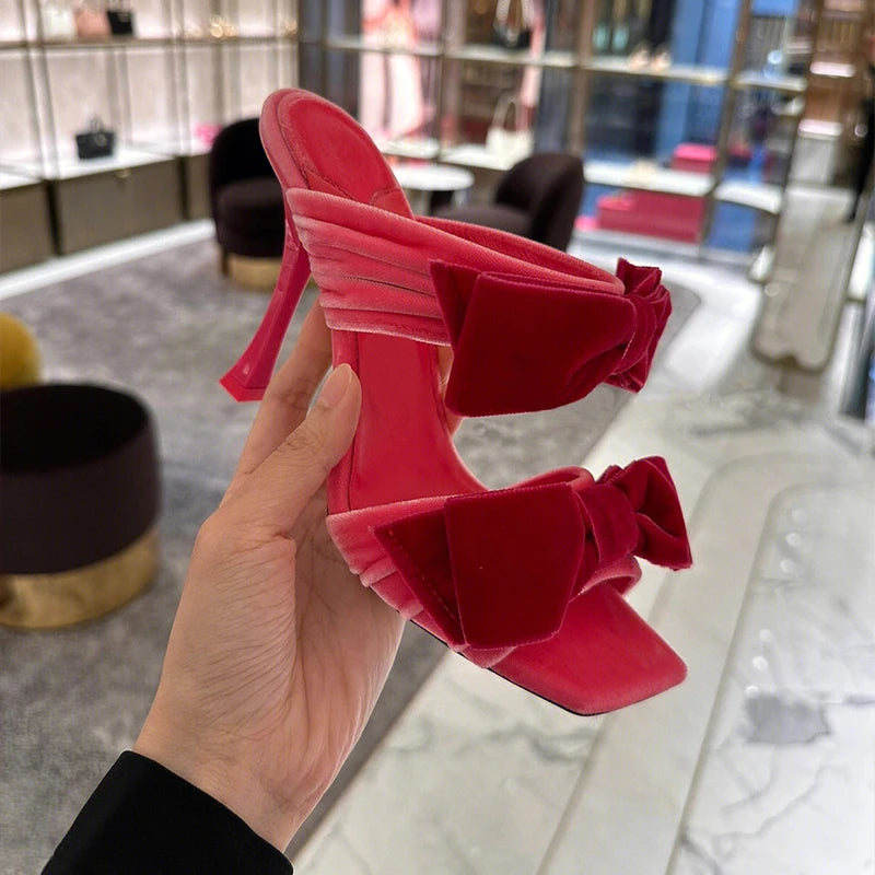 Bow Sugar Pink Pile Sandals 2024 New Lady Sandals Square Toe Open Toe Stiletto Black Heels by Reinvent Yourself