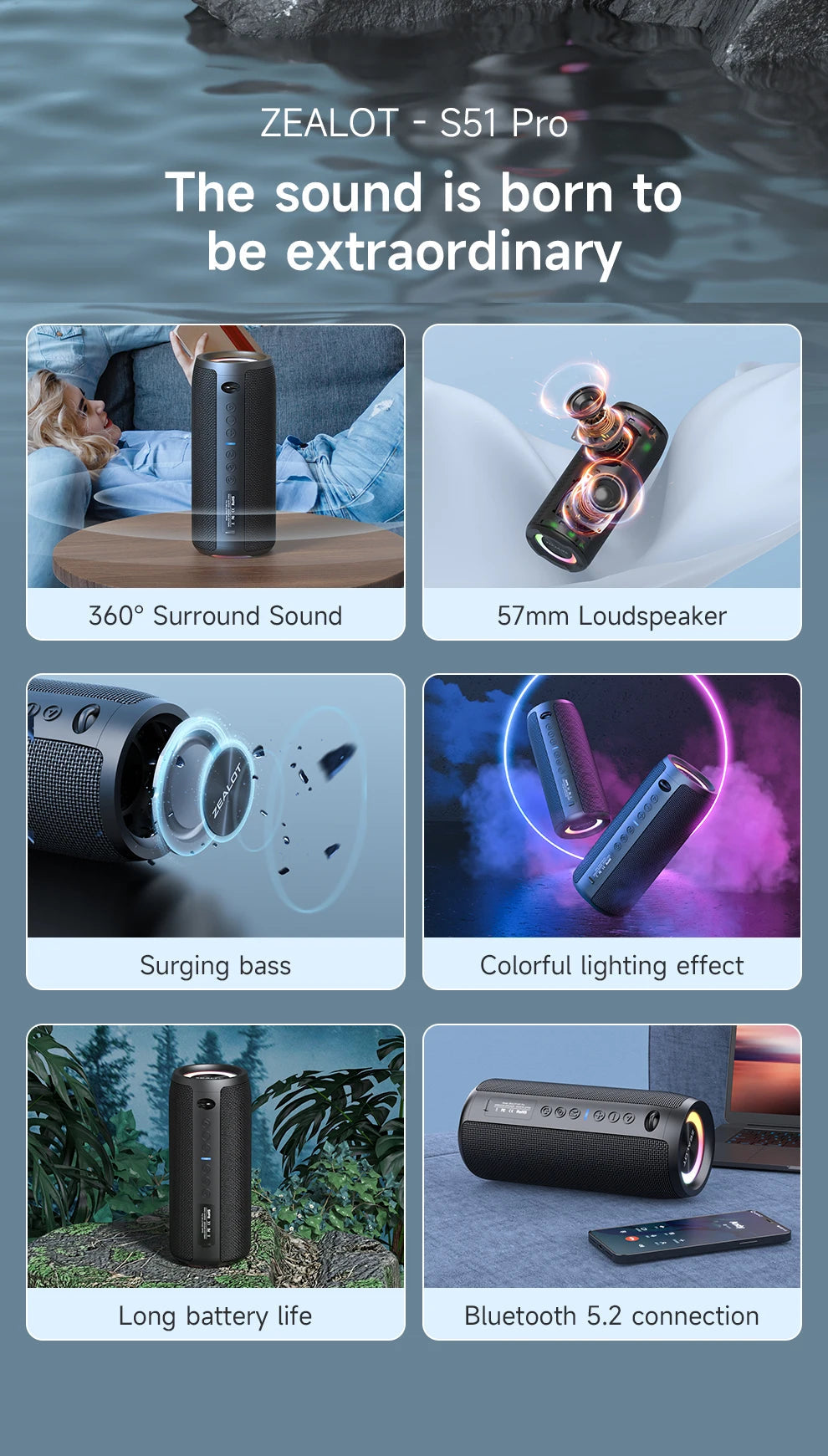 ZEALOT-S51PRO 40W High-power Bluetooth Speaker 3D Stereo Bass Bluetooth Speaker Portable IPX5 Waterproof Suitable TWS Boom Box by Reinvent Yourself