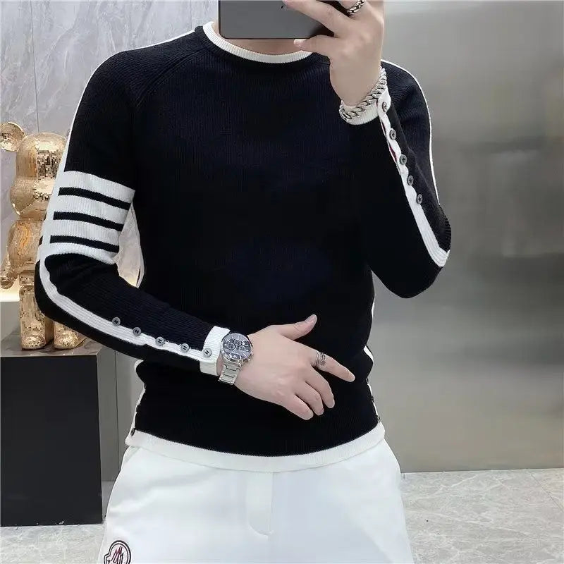 Four-bar Splicing Striped Black Knitted Sweater Men's Slim Base Shirt Ins Trendy by Reinvent Yourself