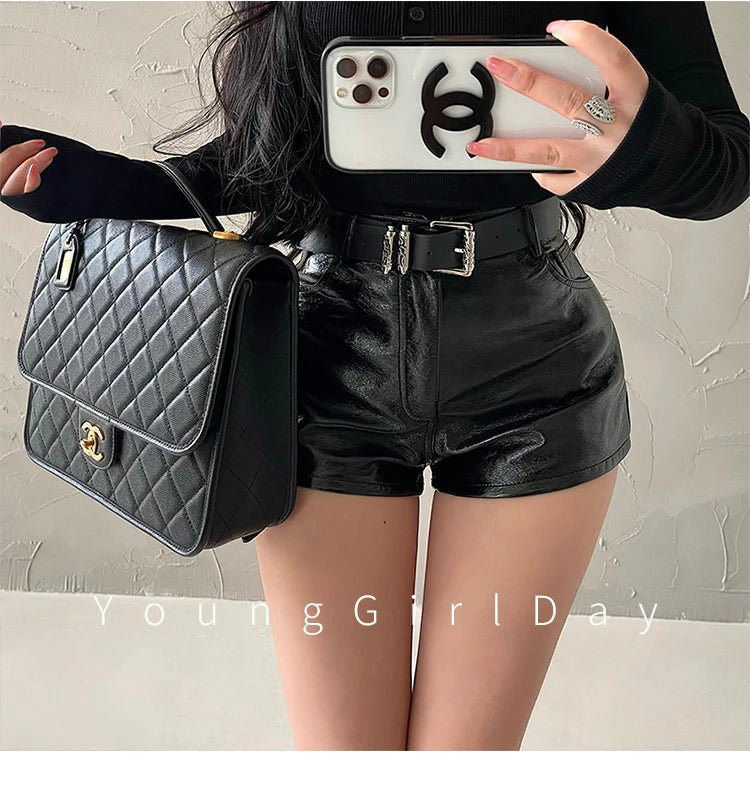 WOMENGAGA American Spicy Girl Shorts Sexy High Waist Tight Slim PU Leather Shorts Hot With Belt Trendy Fashion Spice Girls Y7EK by Reinvent Yourself