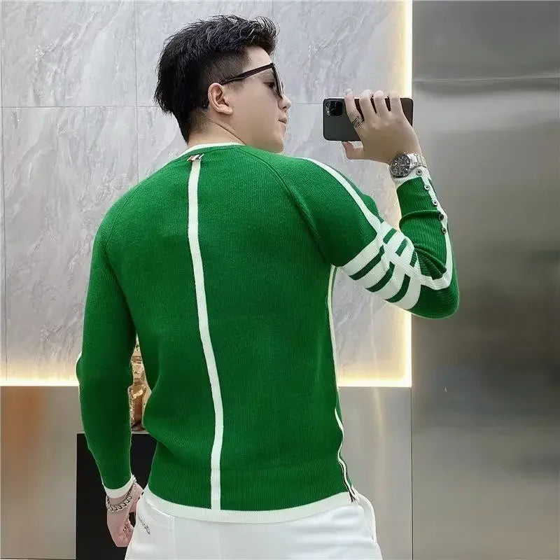 Four-bar Splicing Striped Black Knitted Sweater Men's Slim Base Shirt Ins Trendy by Reinvent Yourself
