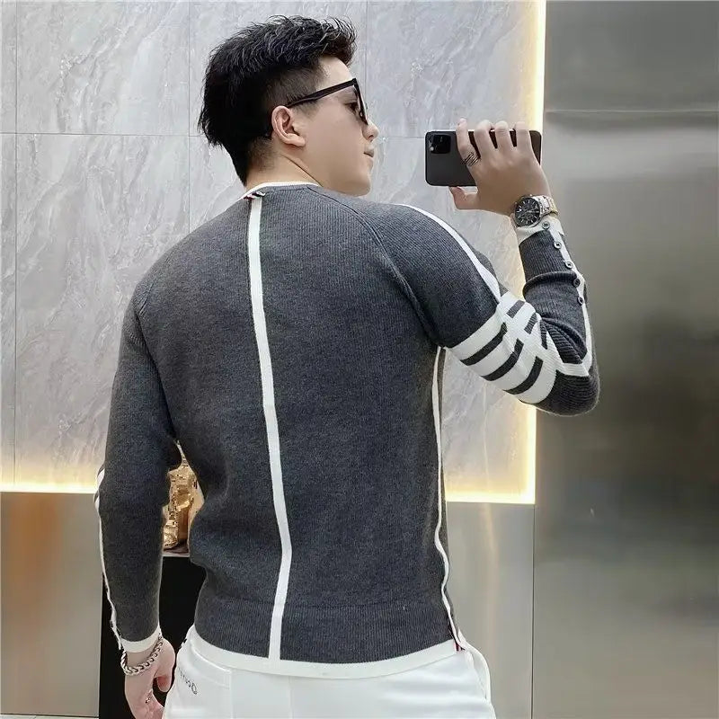 Four-bar Splicing Striped Black Knitted Sweater Men's Slim Base Shirt Ins Trendy by Reinvent Yourself